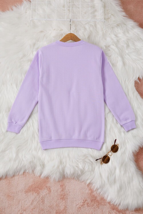 Lila Gülen Yüz Baskılı Kız Çocuk Bisiklet Yaka Sweatshirt 17284