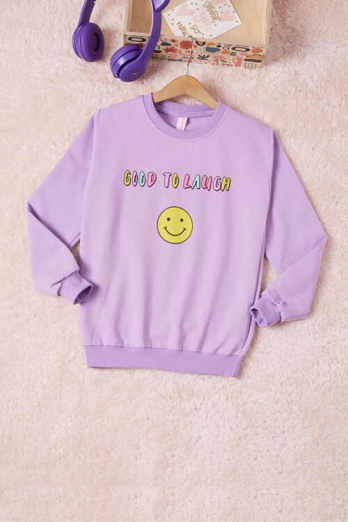 Lila Gülen Yüz Sırtı Baskılı Kız Çocuk Sweatshirt 16706