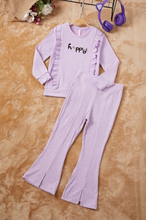 Lila Happy Yazılı Fırfırlı Kız Çocuk Takımı 16717