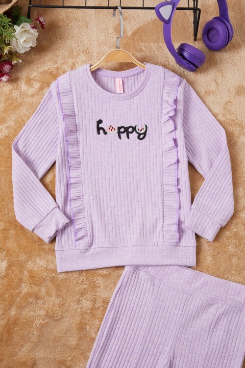 Lila Happy Yazılı Fırfırlı Kız Çocuk Takımı 16717