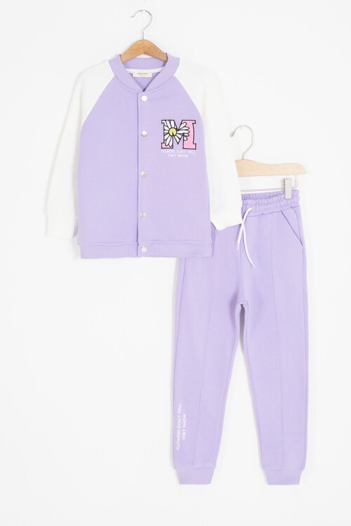 Lila Harf Nakışlı Kolej Ceketli Kız Çocuk Şardonlu Eşofman Takımı 16828