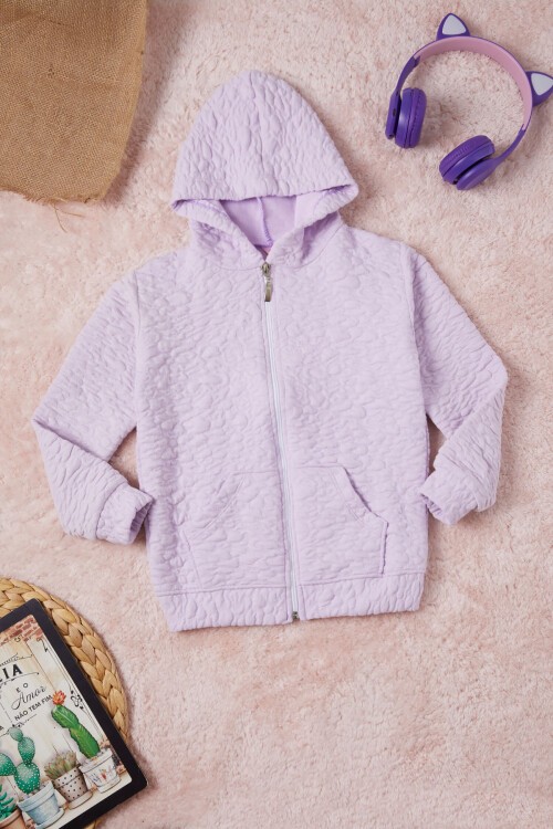 Lila Kız Çocuk Kapitone Desenli Kapüşonlu Fermuarlı Hırka 16605