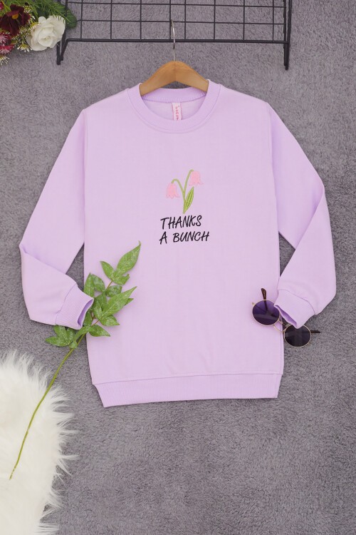 Lila Lale Nakışlı Kız Çocuk Kız Çocuk Sweatshirt 17212