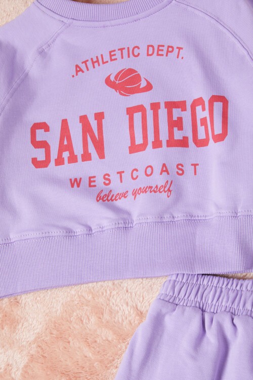 Lila Los Angeles Sırt Baskılı Yırtmaçlı Kız Çocuk Eşofman Takımı 16713