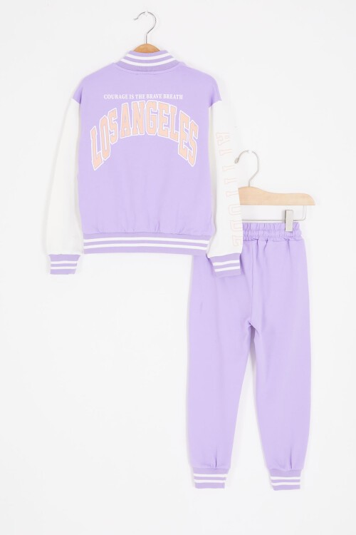 Lila NY Nakışlı Sırt Baskılı Kız Çocuk Kolej Eşofman Takımı 16933