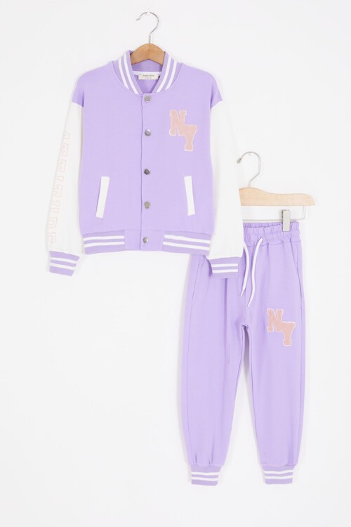 Lila NY Nakışlı Sırt Baskılı Kız Çocuk Kolej Eşofman Takımı 16933