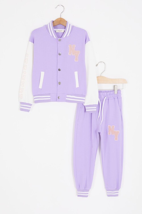 Lila NY Nakışlı Sırt Baskılı Kız Kolej Eşofman Takımı 17003