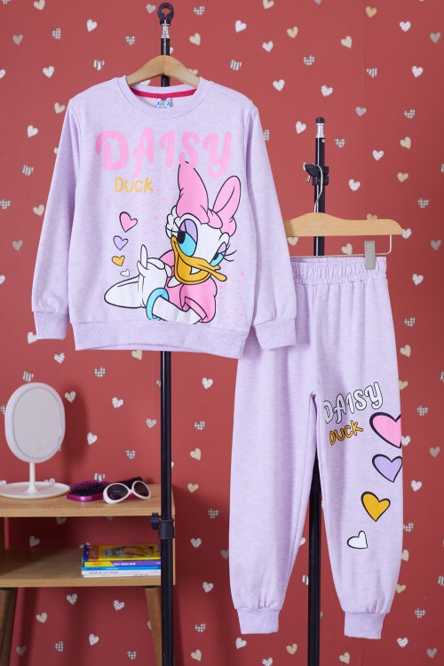 Lila Ördek Baskılı Şardonlu Kız Çocuk Eşofman Takımı 17347