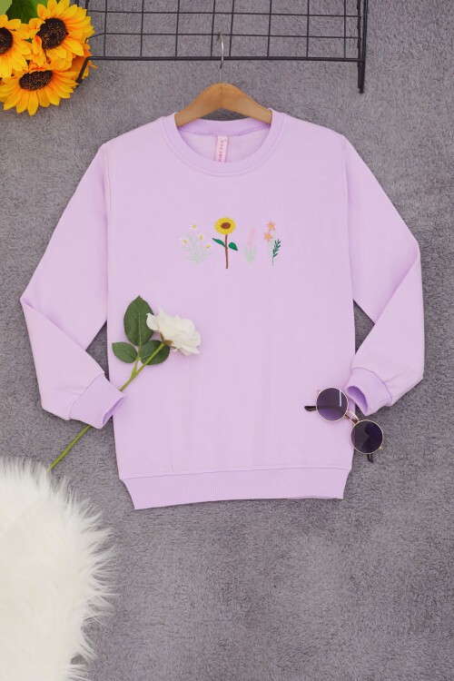 Lila Papatya Nakışlı Kız Çocuk Kız Çocuk Sweatshirt 17206