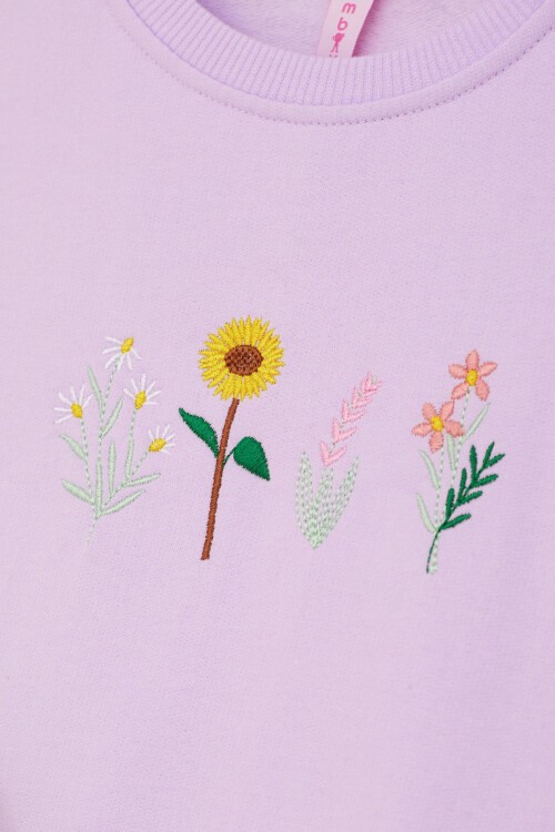 Lila Papatya Nakışlı Kız Çocuk Kız Çocuk Sweatshirt 17206