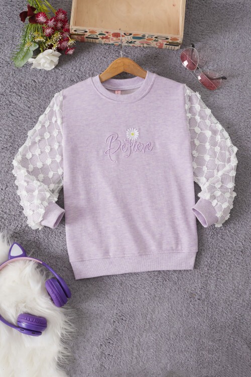 Lila Papatya Nakışlı Kolları Dantelli Kız Çocuk Sweatshirt 17168