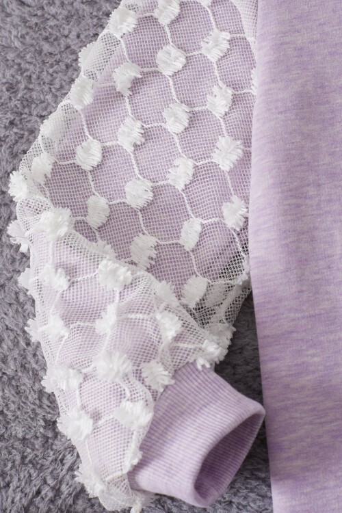 Lila Papatya Nakışlı Kolları Dantelli Kız Çocuk Sweatshirt 17168