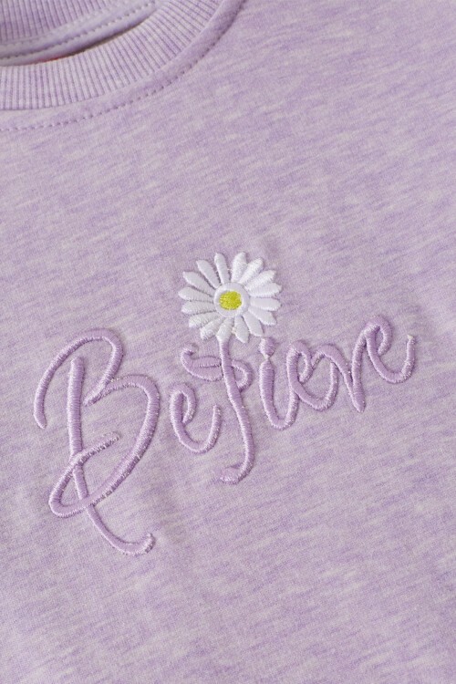 Lila Papatya Nakışlı Kolları Dantelli Kız Çocuk Sweatshirt 17168