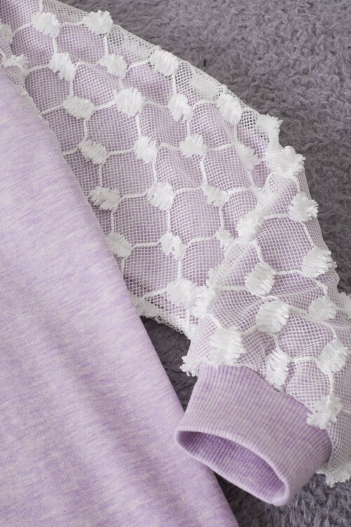 Lila Papatya Nakışlı Kolları Dantelli Kız Çocuk Sweatshirt 17168