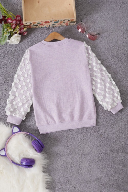 Lila Papatya Nakışlı Kolları Dantelli Kız Çocuk Sweatshirt 17168