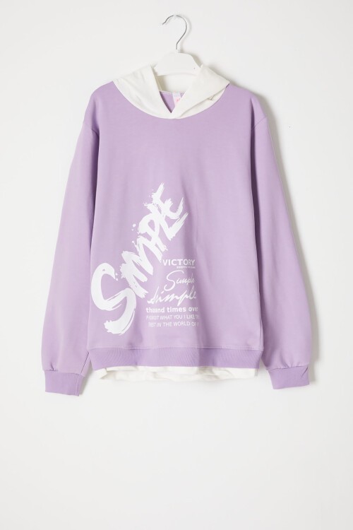 Lila Simple Yazı Baskı Kapüşonlu Kız Sweatshirt 16599