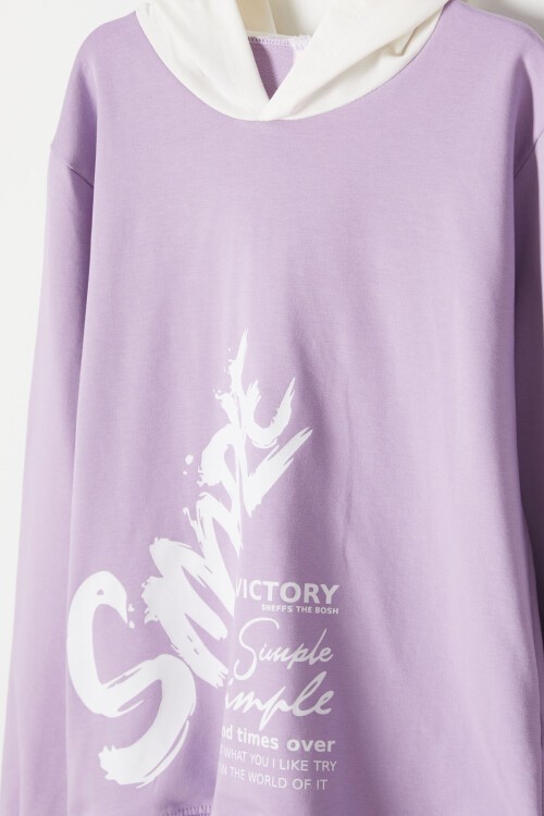 Lila Simple Yazı Baskı Kapüşonlu Kız Sweatshirt 16599