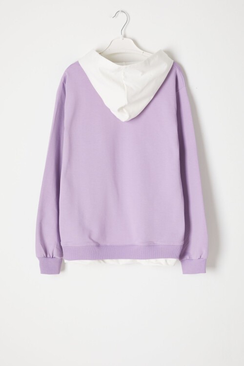 Lila Simple Yazı Baskı Kapüşonlu Kız Sweatshirt 16599
