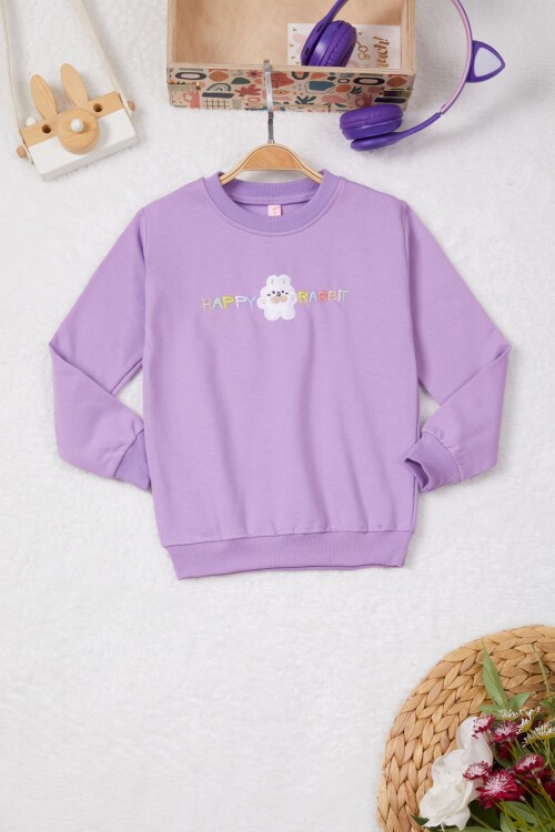 Lila Tavşan Nakışlı Yazılı Kız Çocuk Sweatshirt 16947