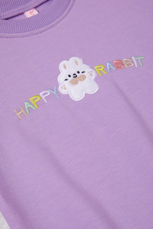 Lila Tavşan Nakışlı Yazılı Kız Çocuk Sweatshirt 16947