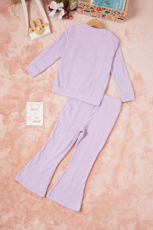 Lila Tavşan Nakışlı Yırtmaçlı Önü Fırfırlı Kız Takım 16606