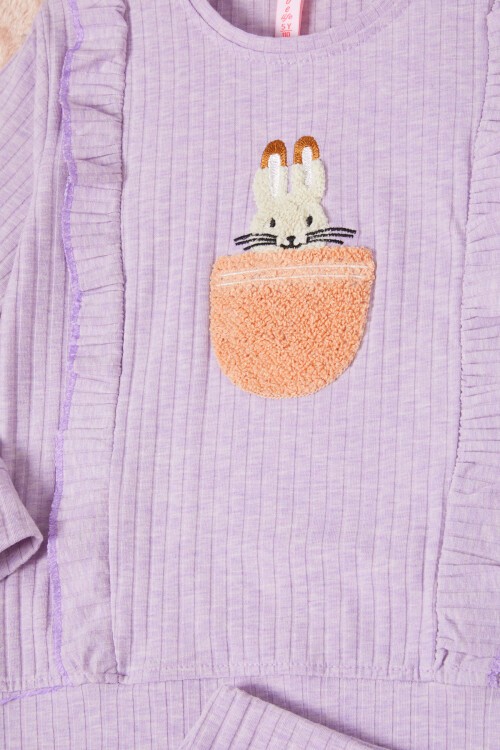 Lila Tavşan Nakışlı Yırtmaçlı Önü Fırfırlı Kız Takım 16606