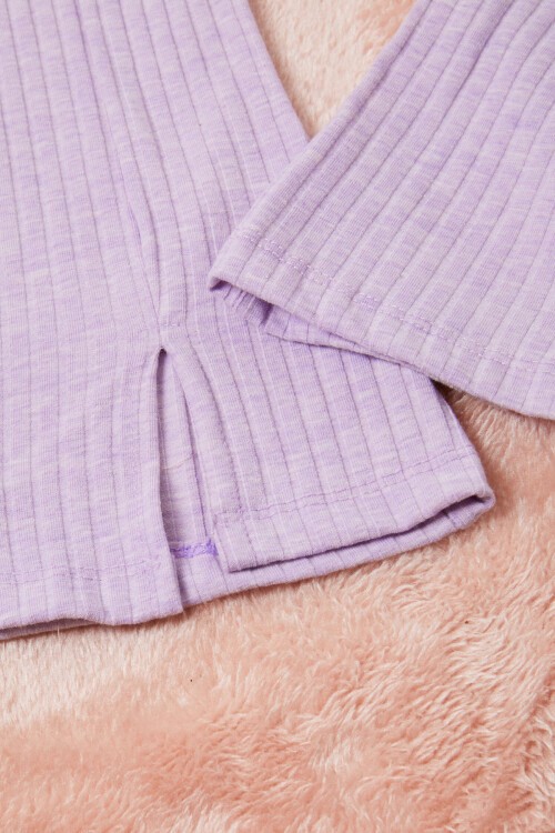 Lila Tavşan Nakışlı Yırtmaçlı Önü Fırfırlı Kız Takım 16606