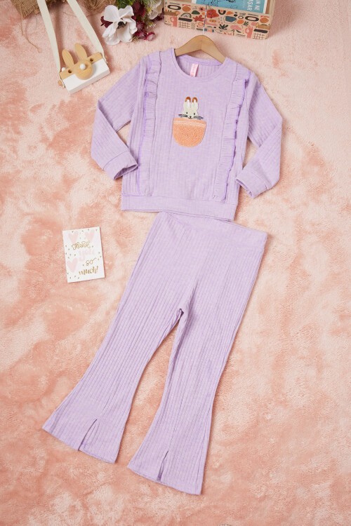 Lila Tavşan Nakışlı Yırtmaçlı Önü Fırfırlı Kız Takım 16606