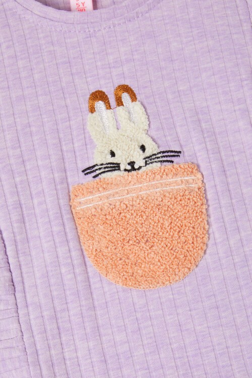 Lila Tavşan Nakışlı Yırtmaçlı Önü Fırfırlı Kız Takım 16606