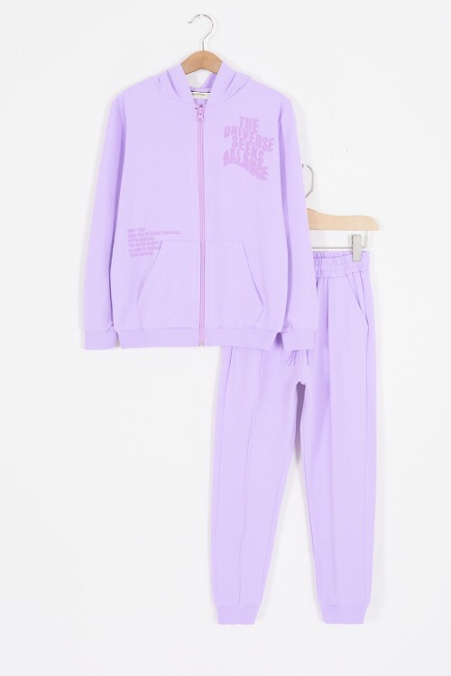 Lila Universe Baskılı Kapüşonlu Hırkalı Kız Eşofman Takımı 16800