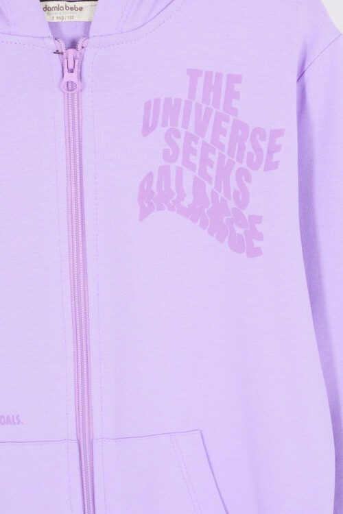 Lila Universe Baskılı Kapüşonlu Hırkalı Kız Eşofman Takımı 16800