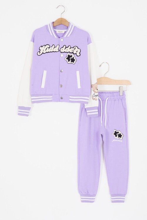 Lila Yıldız Nakışlı Kolej Ceketli Kız Eşofman Takımı 17013