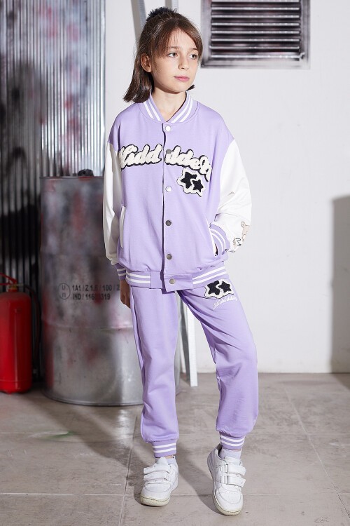 Lila Yıldız Nakışlı Kolej Ceketli Kız Çocuk Eşofman Takımı 16942