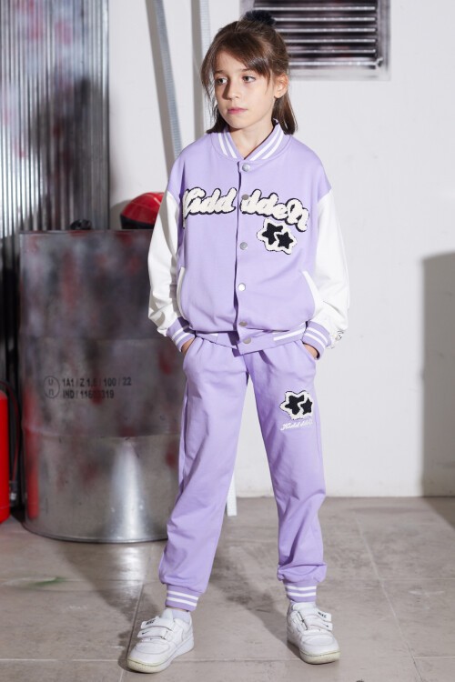 Lila Yıldız Nakışlı Kolej Ceketli Kız Çocuk Eşofman Takımı 16942