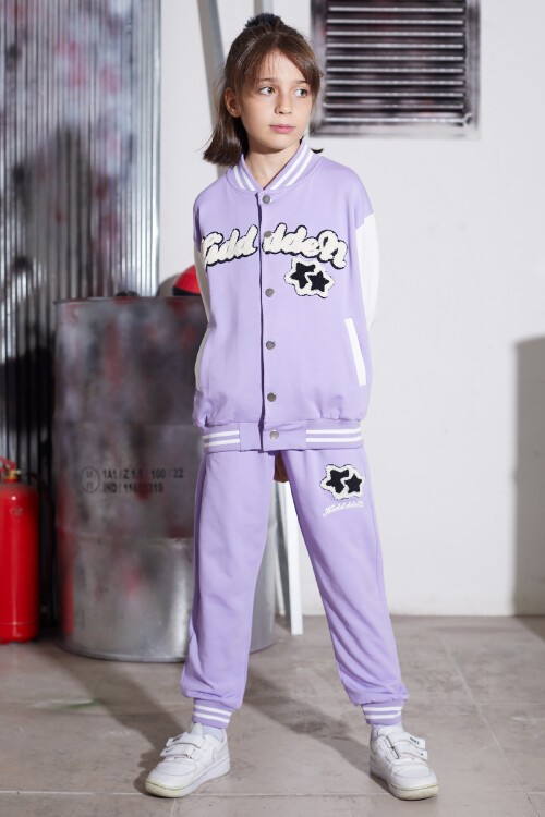 Lila Yıldız Nakışlı Kolej Ceketli Kız Çocuk Eşofman Takımı 16942