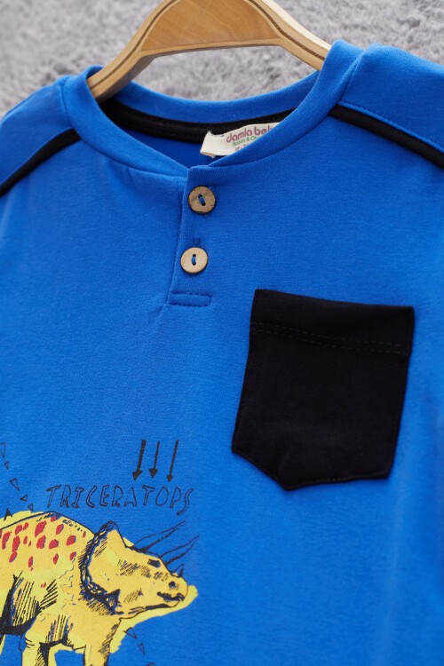 Mavi Dinozor Baskılı Cepli Erkek Bebek Eşofman Takımı 17324
