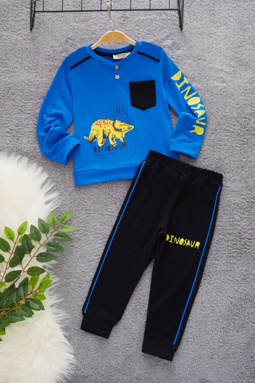 Mavi Dinozor Baskılı Cepli Erkek Bebek Eşofman Takımı 17324
