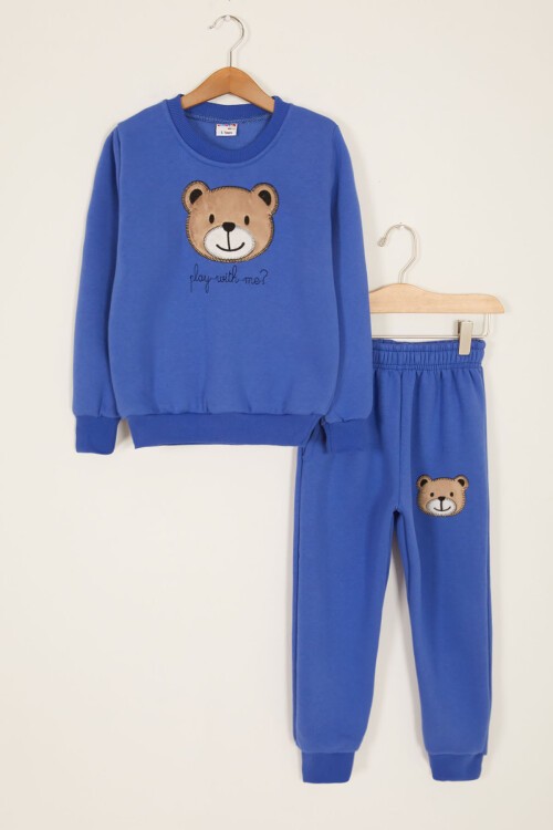 Mavi Erkek Çocuk Sevimli Ayıcık Temalı Şardonlu 3 İplik 2li Takım