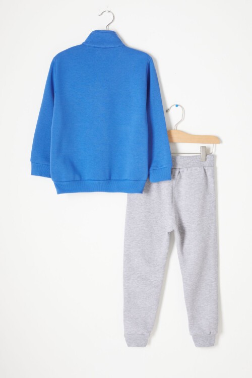 Mavi Fermuarlı Yaka Yazılı Erkek Çocuk Polarlı Eşofman Takımı 16740