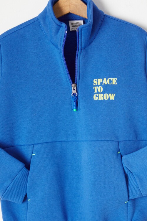 Mavi Fermuarlı Yaka Yazılı Erkek Çocuk Polarlı Eşofman Takımı 16740