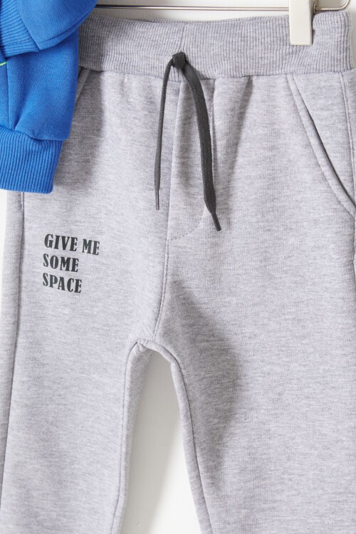 Mavi Fermuarlı Yaka Yazılı Erkek Çocuk Polarlı Eşofman Takımı 16740