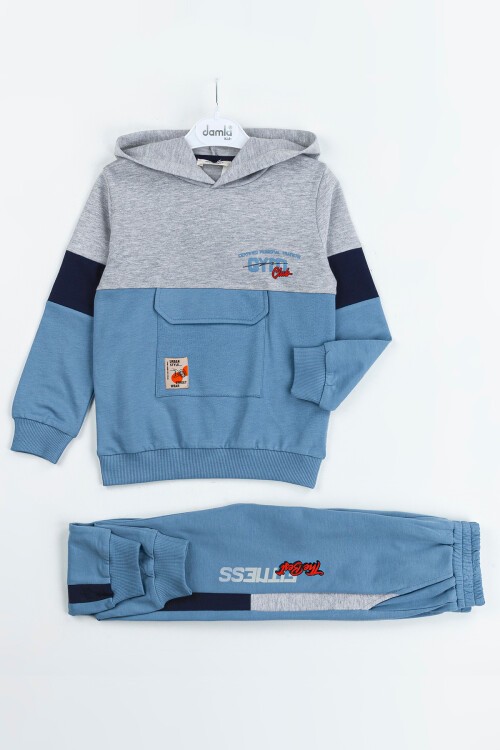 Mavi Göğüs Cepli Kapşonlu Erkek Çocuk Eşofman Takımı 16616