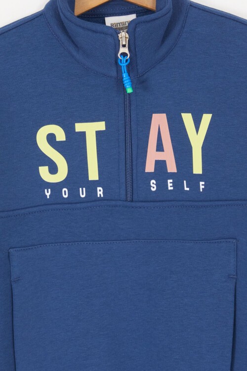 Mavi Kanguru Cepli Fermuar Yakalı Erkek Çocuk Şardonlu Eşofman Takımı 16967