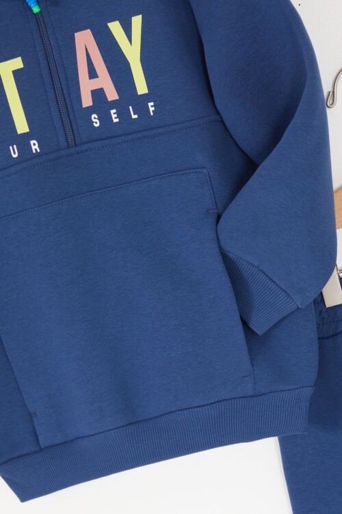 Mavi Kanguru Cepli Fermuar Yakalı Erkek Çocuk Şardonlu Eşofman Takımı 16967