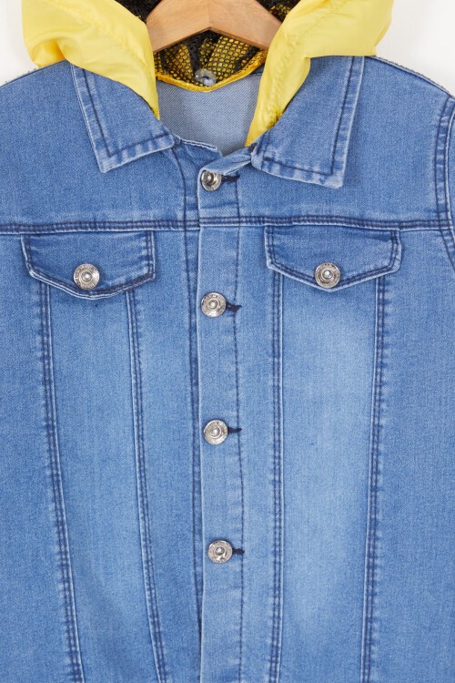 Mavi Kolları Yazılı Kapüşonlu Erkek Çocuk Jean Ceket 16815