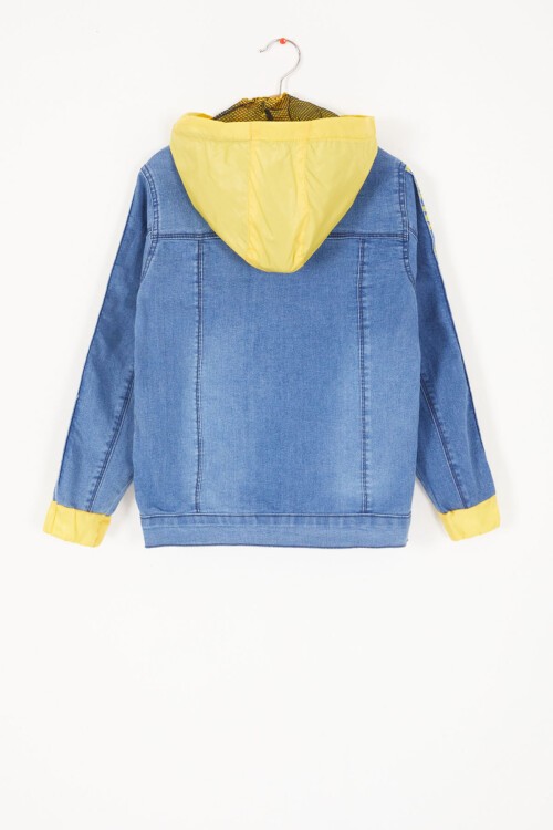 Mavi Kolları Yazılı Kapüşonlu Erkek Çocuk Jean Ceket 16815