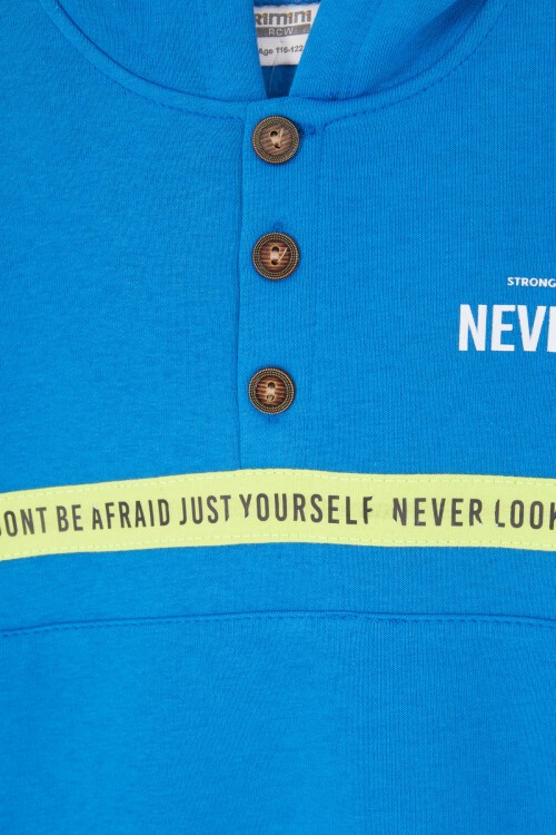 Mavi Şerit Yazılı Kapüşonlu Erkek Çocuk Şardonlu Eşofman Takımı 16971