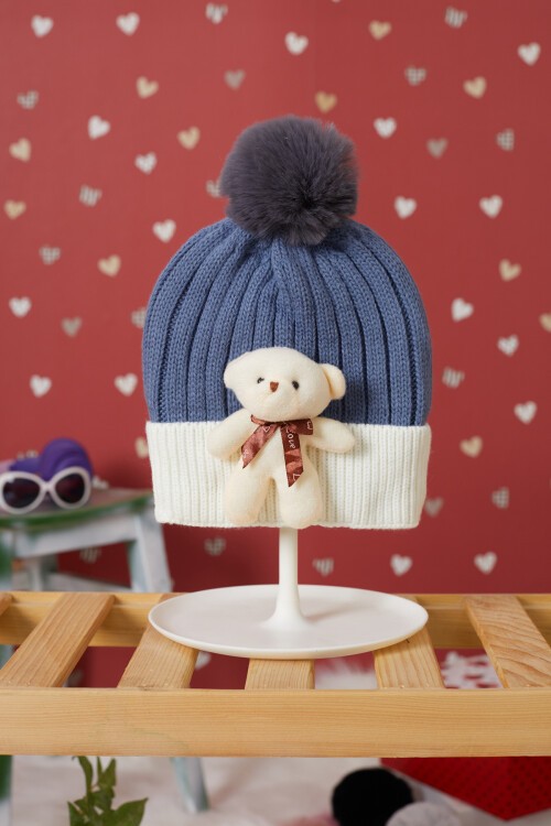 Mavi Sevimli Ayıcıklı Renkli Ponponlu Çocuk Bere 17237