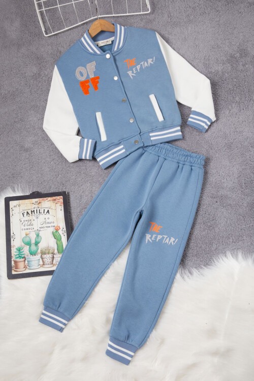 Mavi Sırtı Baskılı Şardonlu Erkek Çocuk Kolej Eşofman Takımı 17099