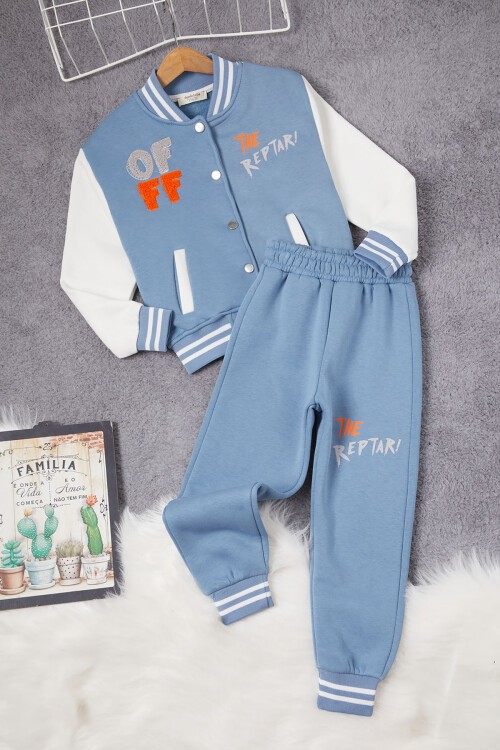 Mavi Sırtı Baskılı Şardonlu Erkek Çocuk Kolej Eşofman Takımı 17099